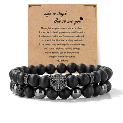 8mm Black Obsidian Onyx Hematite Lava Volcanic Stone Bracelet Leopard Head Bracelet Mens Crystal Beaded Bracelets Black Bead Bracelet Spiritual Protection Bracelet